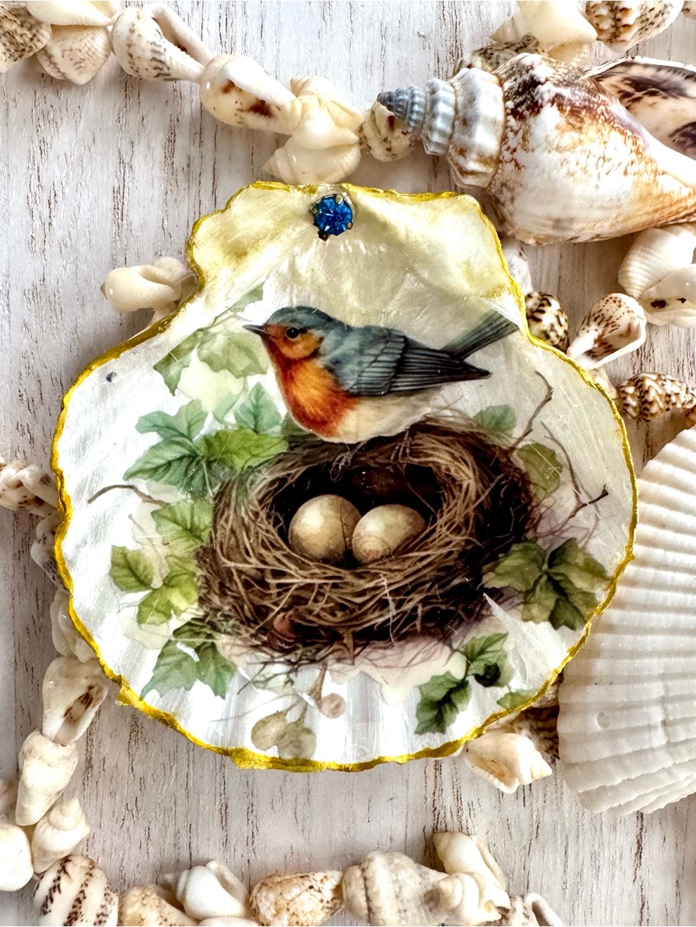 Hand made Shell Magnet or Trinket dish with Bird & Nest Motif 3”